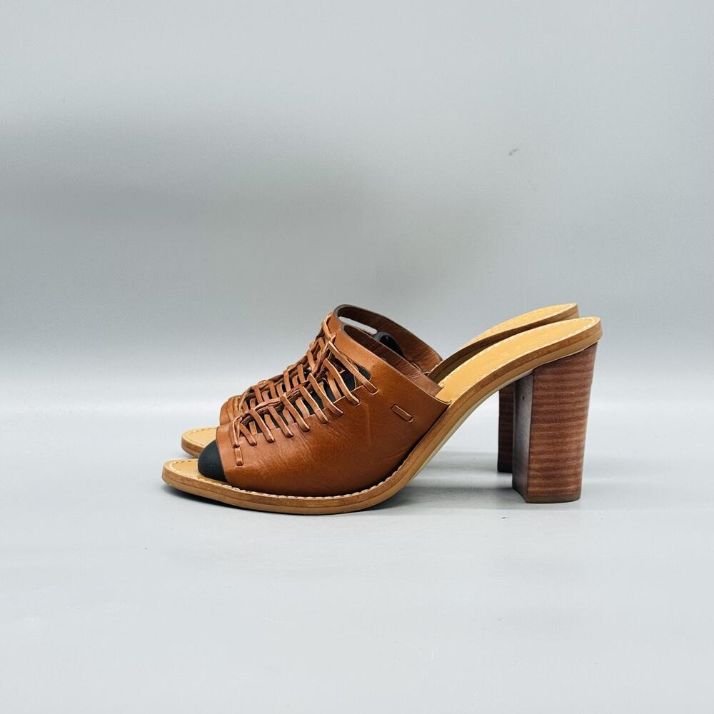 J Crew Sandals Womens 9.5 Brown Leather Huarache Mule Slide Block Heel Shoes